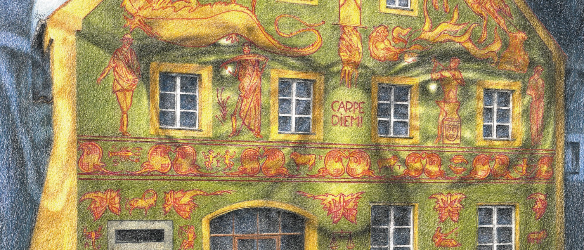 Die Zeichnung ist Teil einer Slideshow. Sie zeigt die Fassade des Schmidt-Hauses mit den Kratzputz-Malereien von Karl Schmidt. Hinterlegt ist ein Porträtfoto des Künstlers mit Brille.
