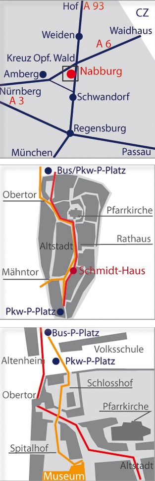 Drei Grafiken untereinander gereiht zeigen den Anfahrtsweg, einen Grundriss der Altstadt von Nabburg sowie einen Überblick über die Parkmöglichkeiten in der Nähe der Museen.