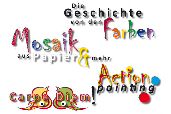 Das Bild zeigt die vier Logos der &quot;Kinder total verSCHMIDTzt&quot;-Kurse: Die Geschichte von den Farben, Mosaik aus Papier und mehr, Action painting und Carpe diem! Die Schriftzüge sind je nach Thema bunt, aus Papierschnipsel, mit Klecksen oder den Ahornblättern mit Wackelaugen frei nach der Fassade des Schmidt-Hauses gestaltet.