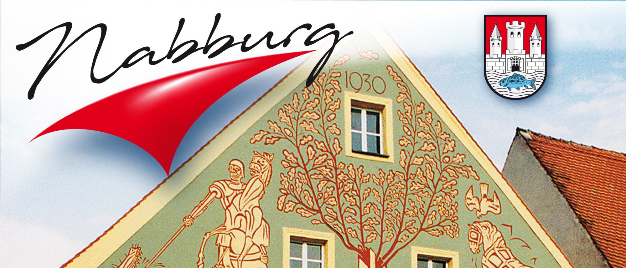 Das Foto ist Teil einer Slideshow. Es zeigt die Fassade des Schmidt-Hauses mit den Kratzputz-Malereien von Karl Schmidt. Eichenzweige rahmen Jahreszahl 1930. Am oberen Bildrand Logo und Wappen Nabburgs.